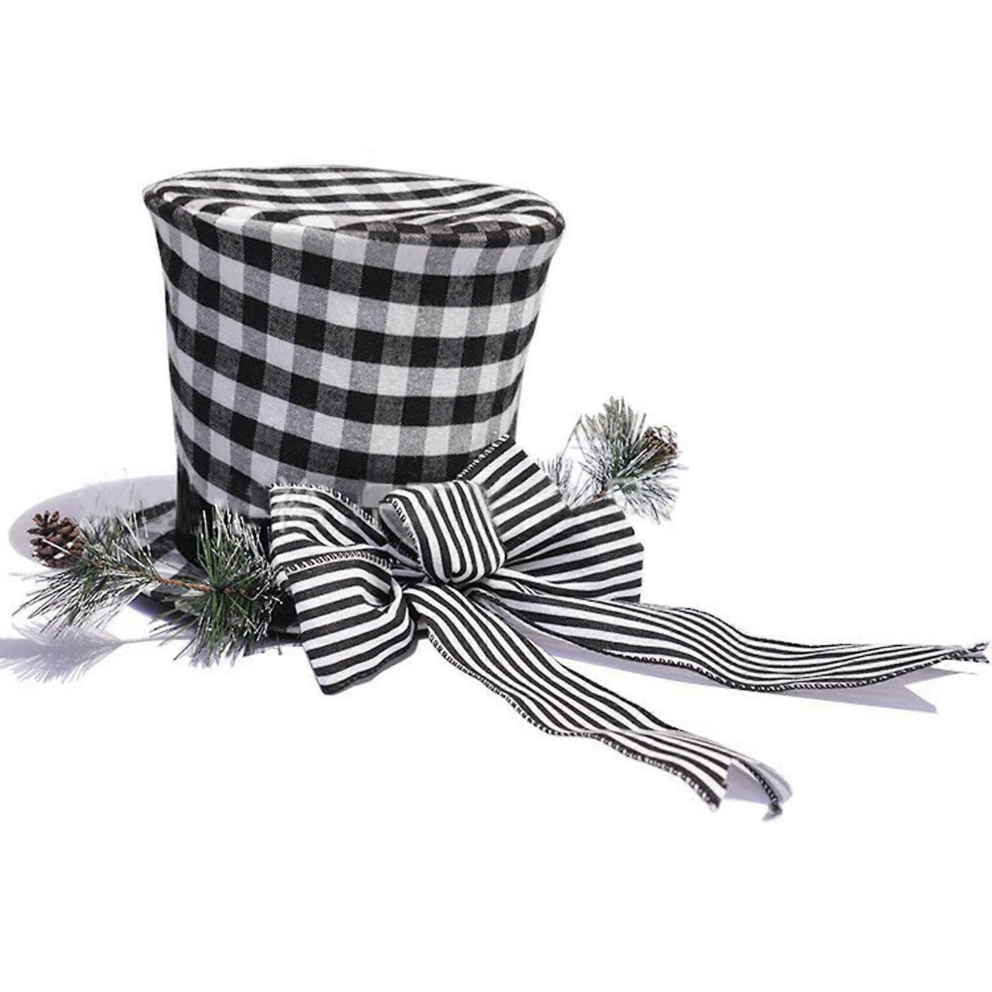 Christmas Tree Topper Hat Unique, Collapsible Tree Topper Ornament Red Black Plaid Fabric Top Hat with Bow