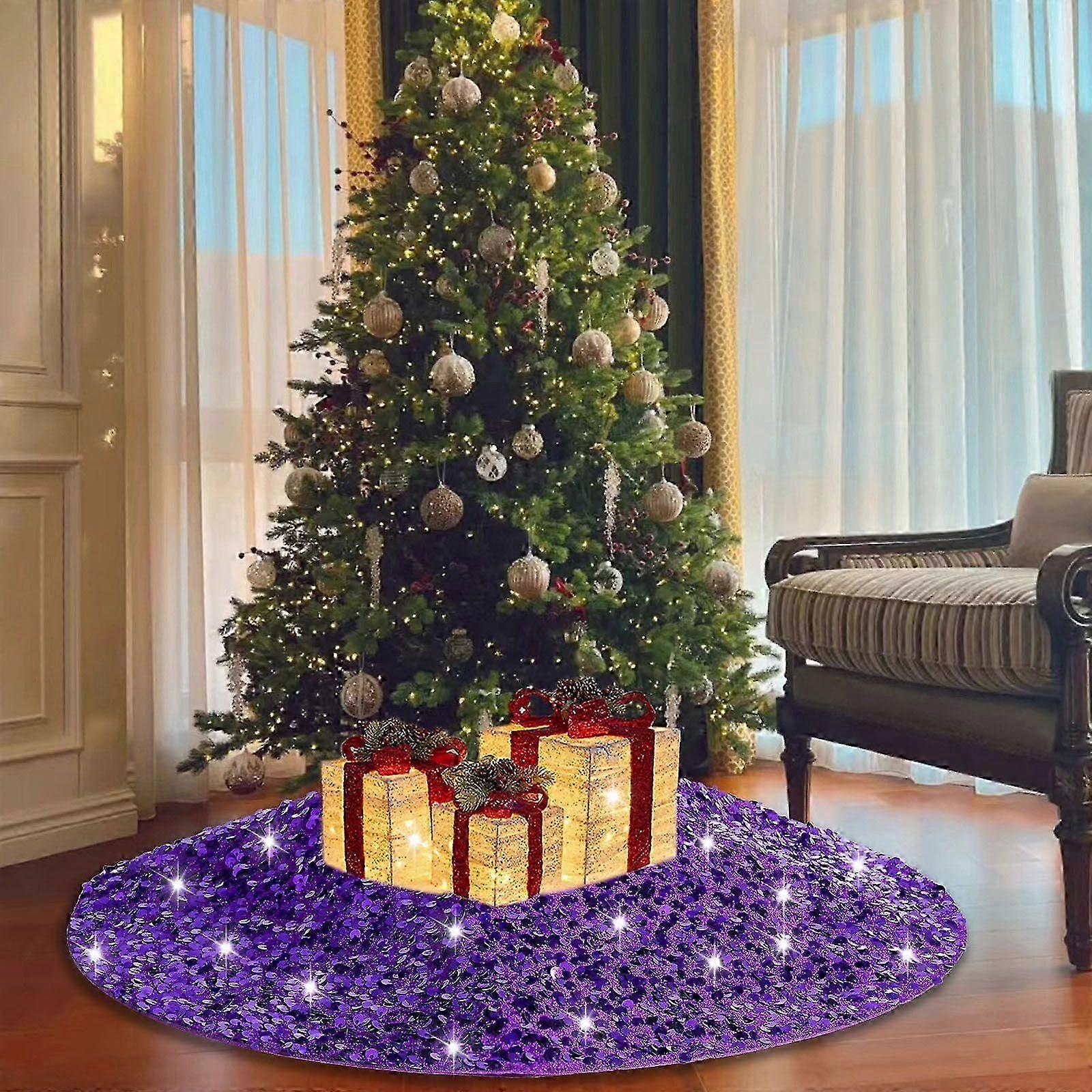 Gold Sequin Christmas Tree Skirt, Large Glitter Mat for Artificial Trees, Holiday Xmas Decor Compatible with Most Tree Sizes