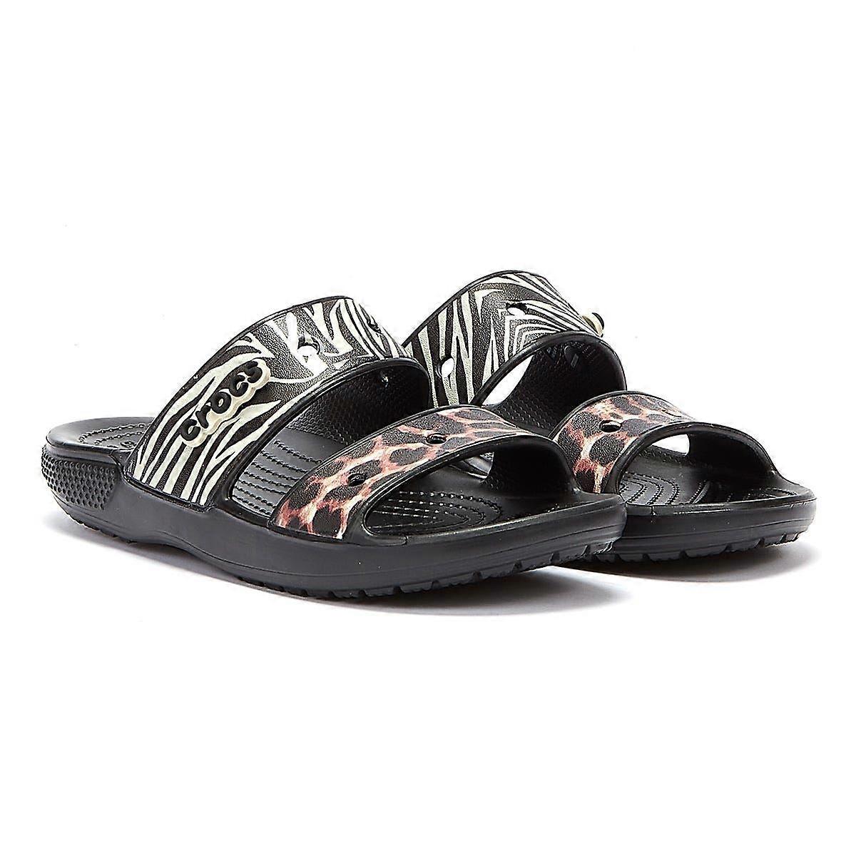 Crocs Classic Animal Remix Womens Black Leopard/Zebra Sandals