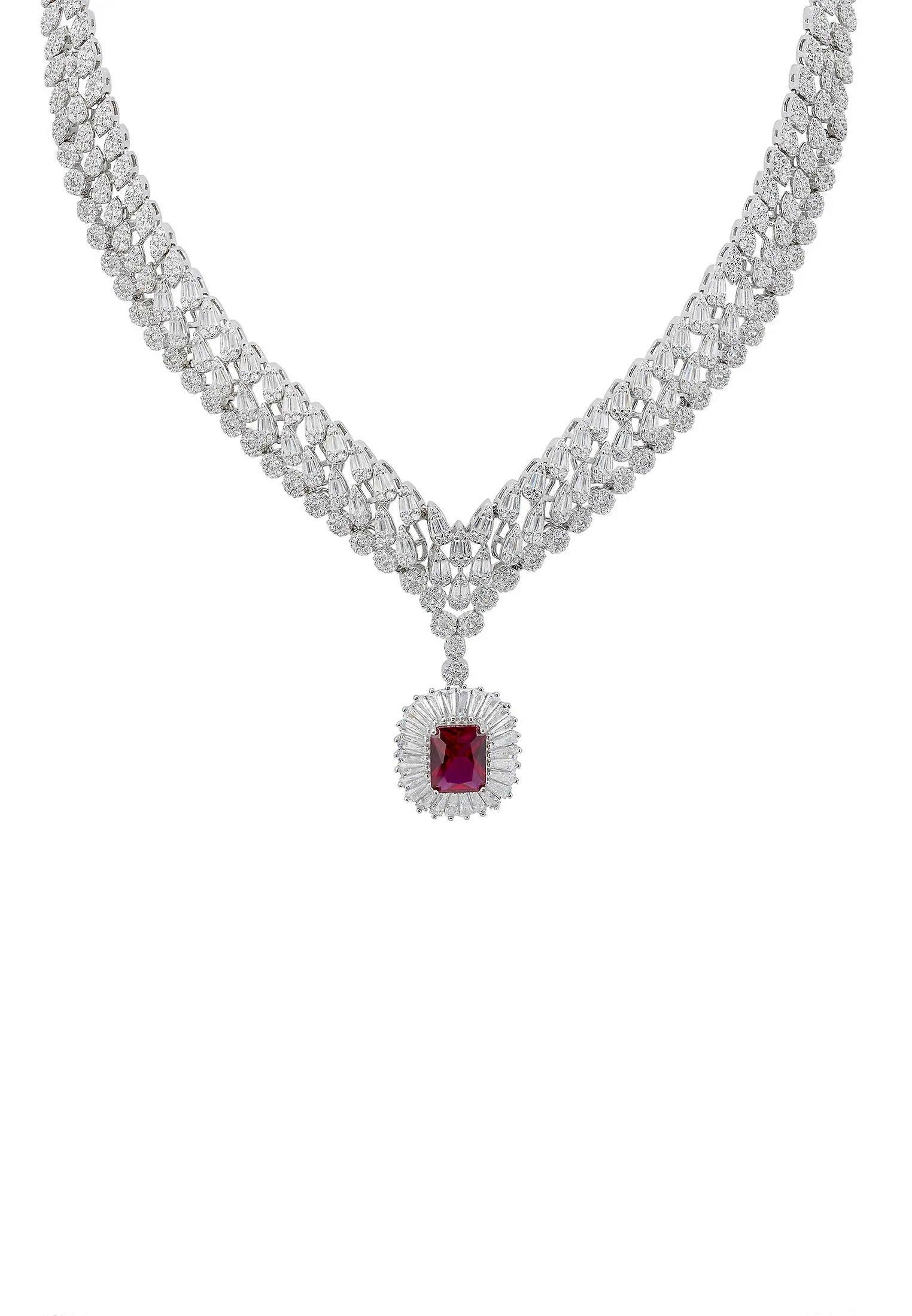 Latelita Women's Sterling Silver Statement Ruby Necklace with Simulated Diamonds and Lab-Grown Ruby - 44cm