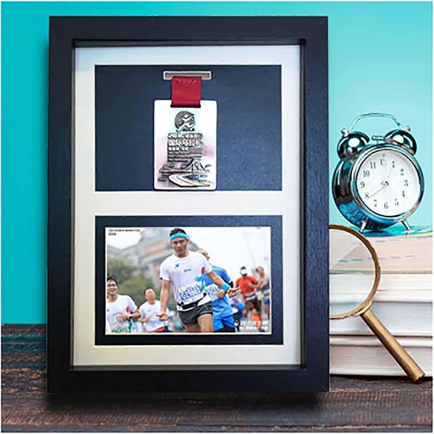 Solid Wood Medal Display Box with 3D Deep Photo Frame for Badges and Awards, Black A4 + 6 inch