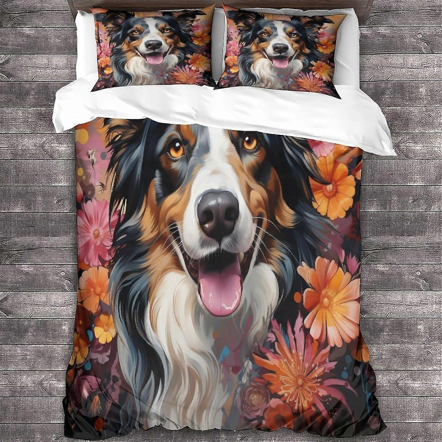 LikeEj Border Collie 3D Zvířecí Povlečení Sady, 100% Mikrovlákno Psí Povlečení S Polštářem Shams 3ks Povlečení Double