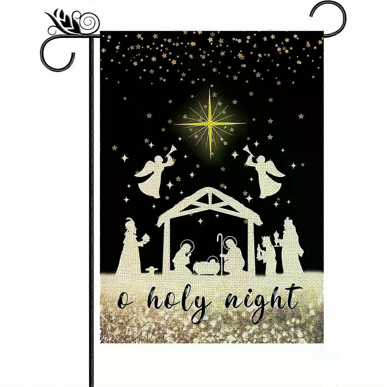 Bandeira de jardim resistente com estampa de presépio da Noite Santa, 30x45 cm, dupla face, em juta, com céu estrelado e anjos.