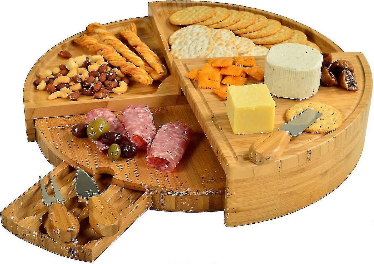 Patented Bamboo Cheese/charcuterie Board With Knife Set-stores As A Compact Wedge-opens To 18" Diameter-designed Quality Checked I Better One