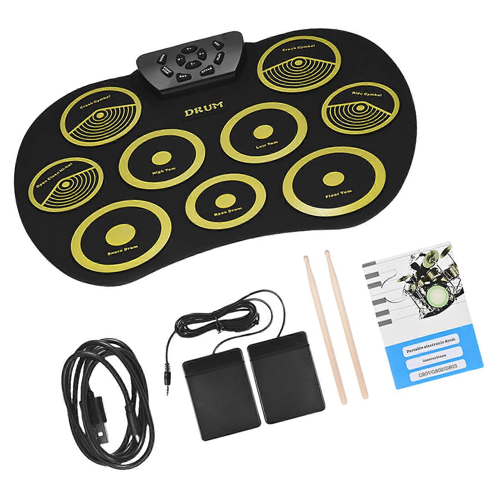 9 Pads Electric Drum Set, Practice Drum Machine with Headphone Jacks, Built-in Speaker Drum Pedals Drum Sticks Drum Pads  English yellow