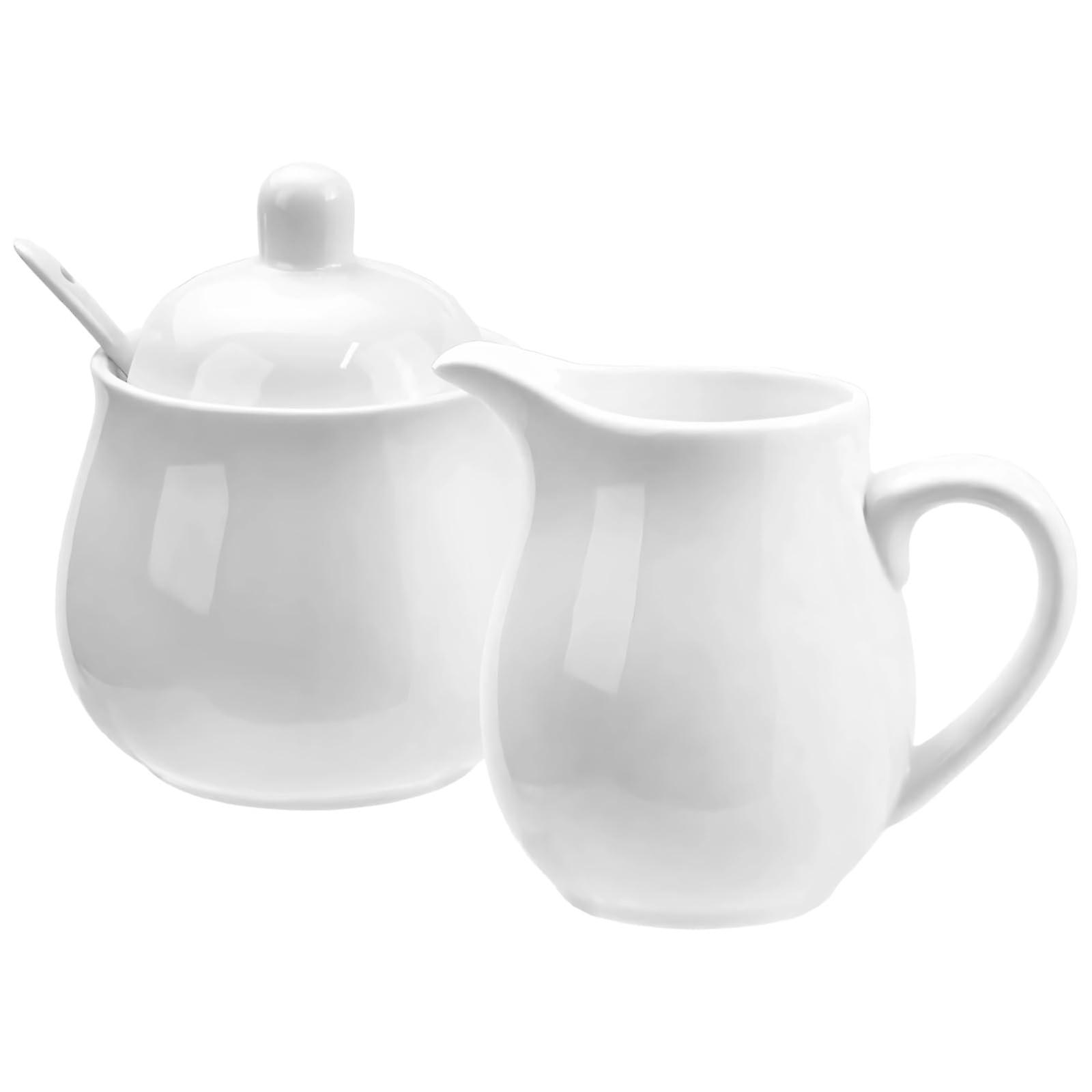 Elegant White Porcelain Sugar Bowl and Creamer Set with Lid and Pitcher for Coffee and Tea