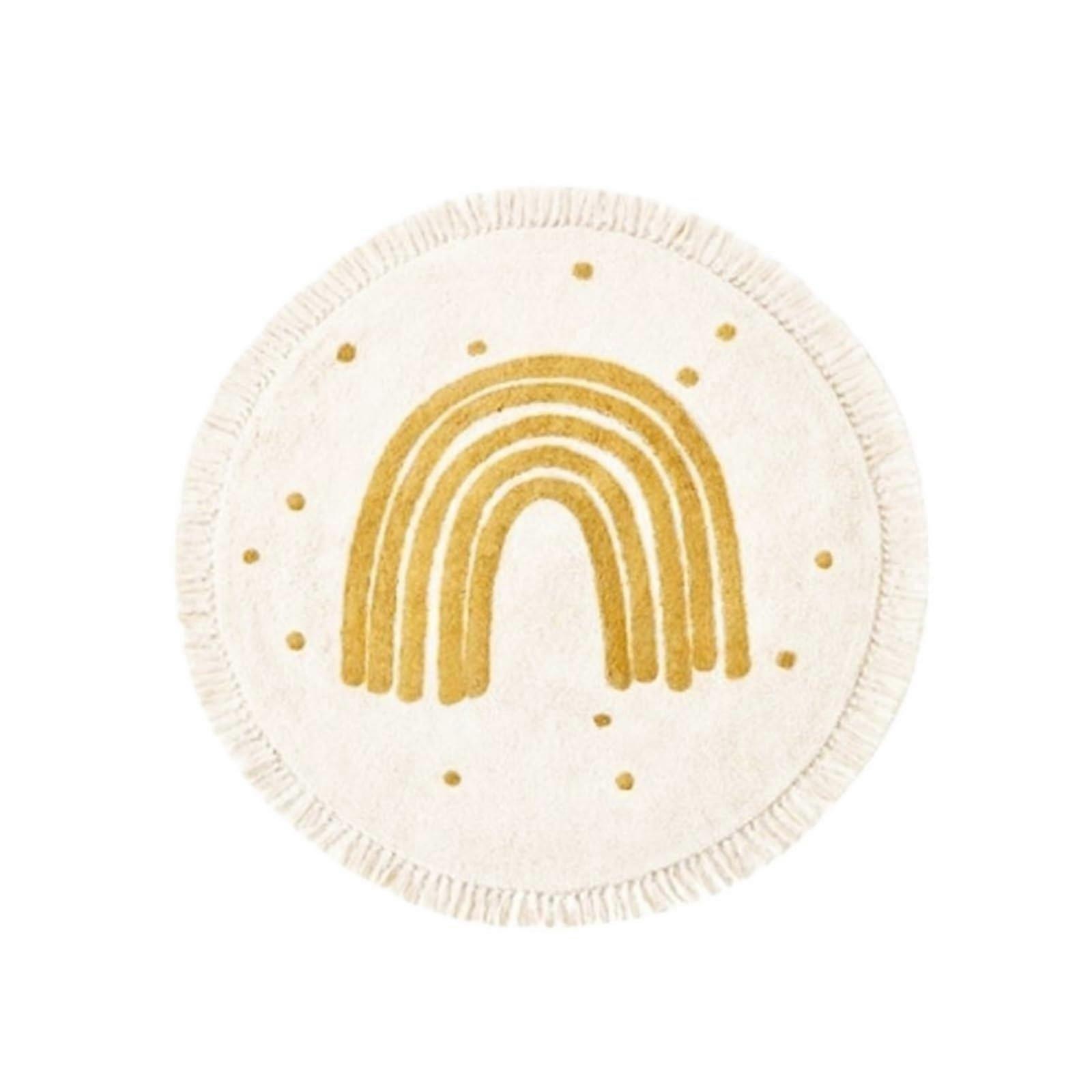 Plush Area Rug Yellow Rainbow Round with Tassels Soft Living Room Carpet 100x100cm