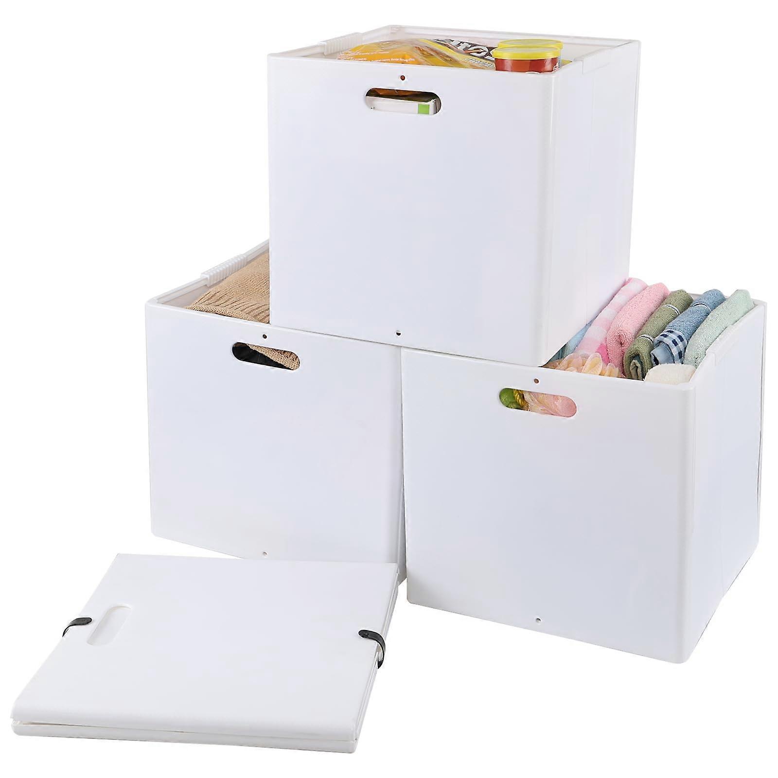 4 Pack Plastic Foldable Storage Cube Bins with Handles for Home and Office  White