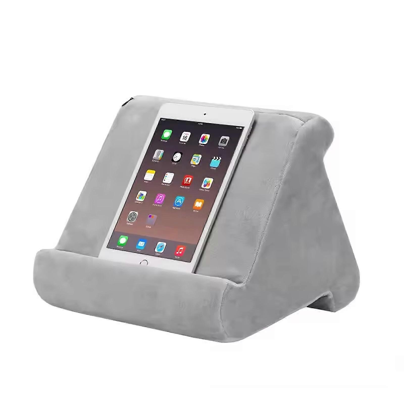 Tablet Pillow Stand with Side Pockets, Soft MultiAngle Adjustable Holder for Bed and Desk, Grey