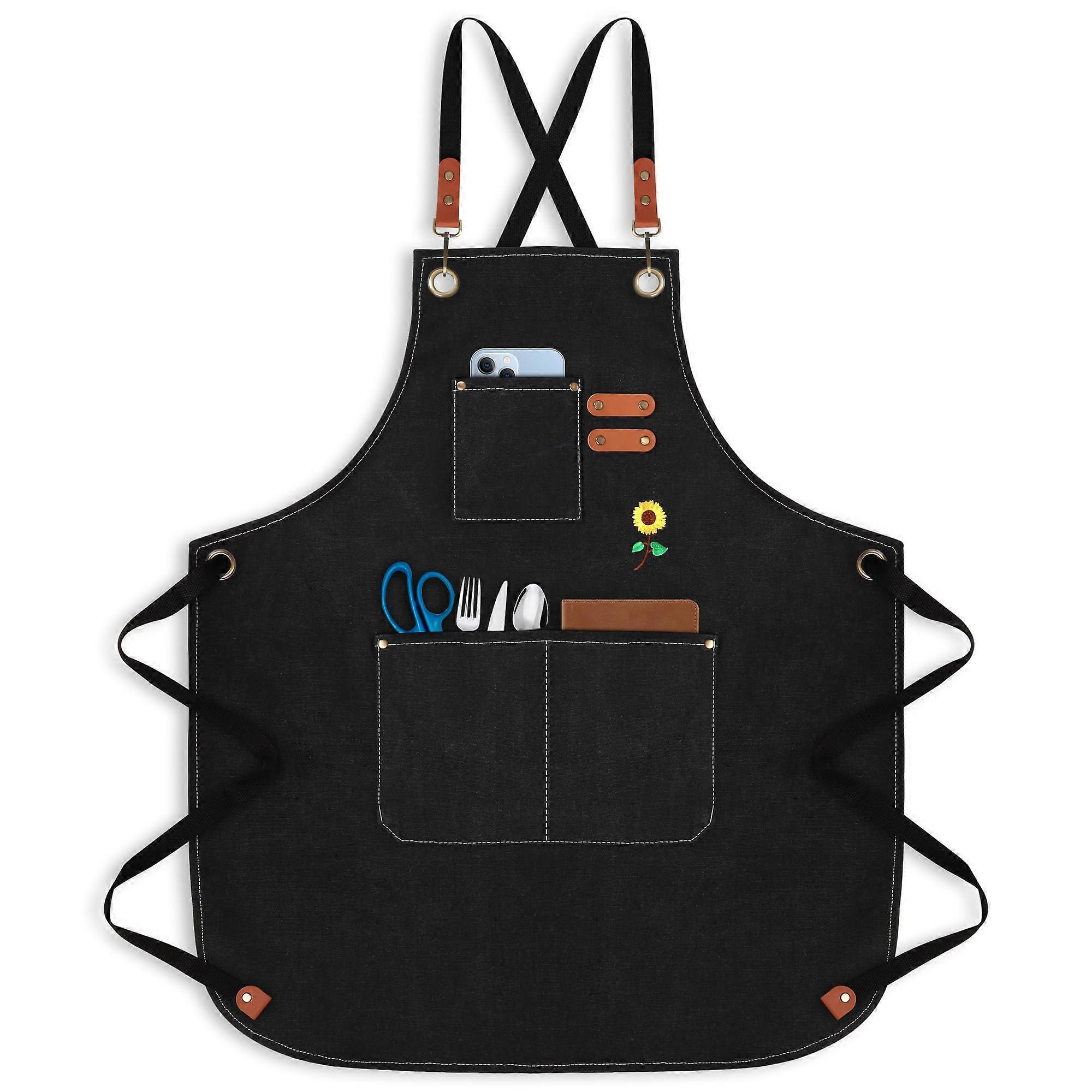 Cotton Canvas Chef Apron with Adjustable Crossback Straps and 3 Pockets Sunflower Design