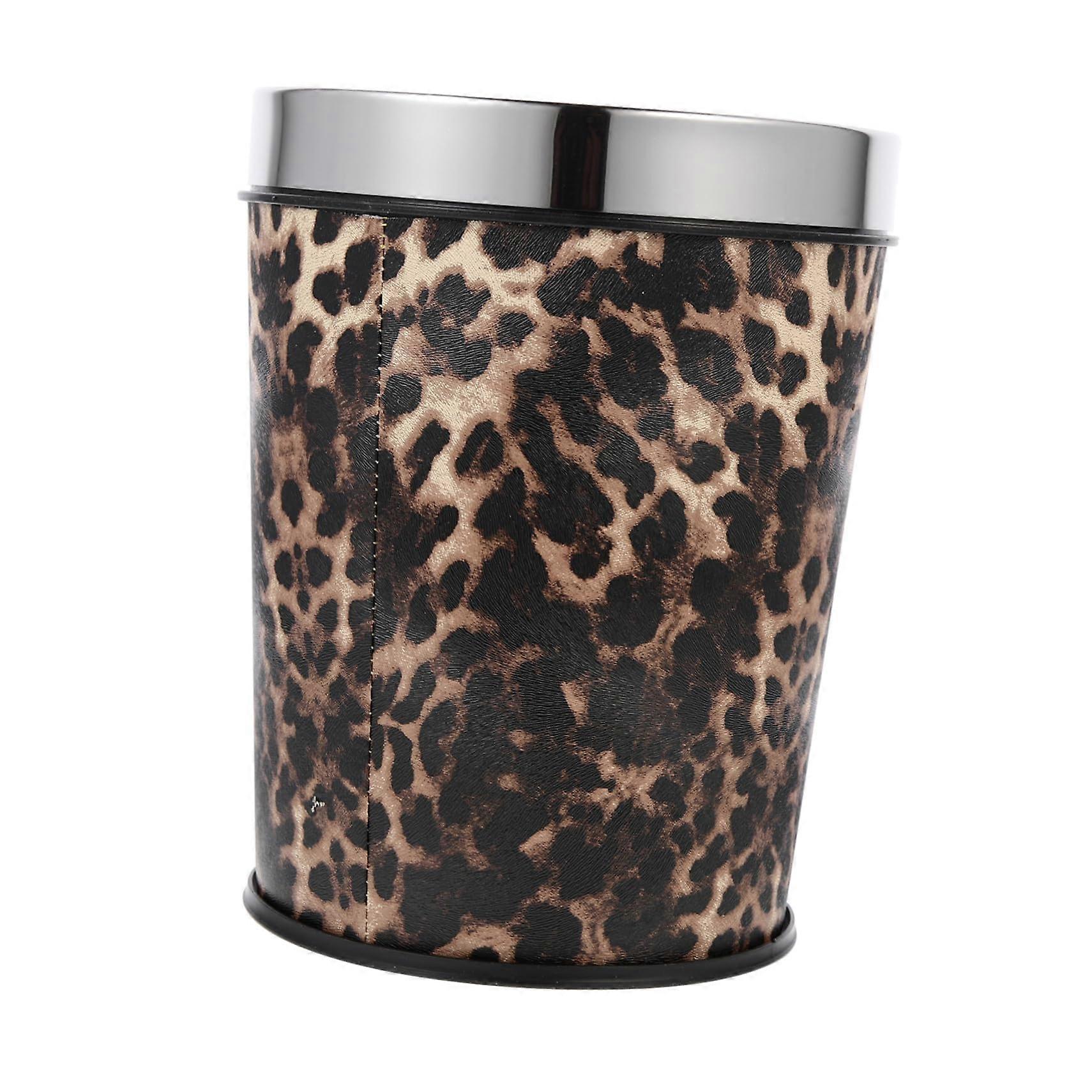 Retro Stainless Steel Trash Can with Leopard Pattern, Decorative Bin for Kitchen, Bathroom, Office