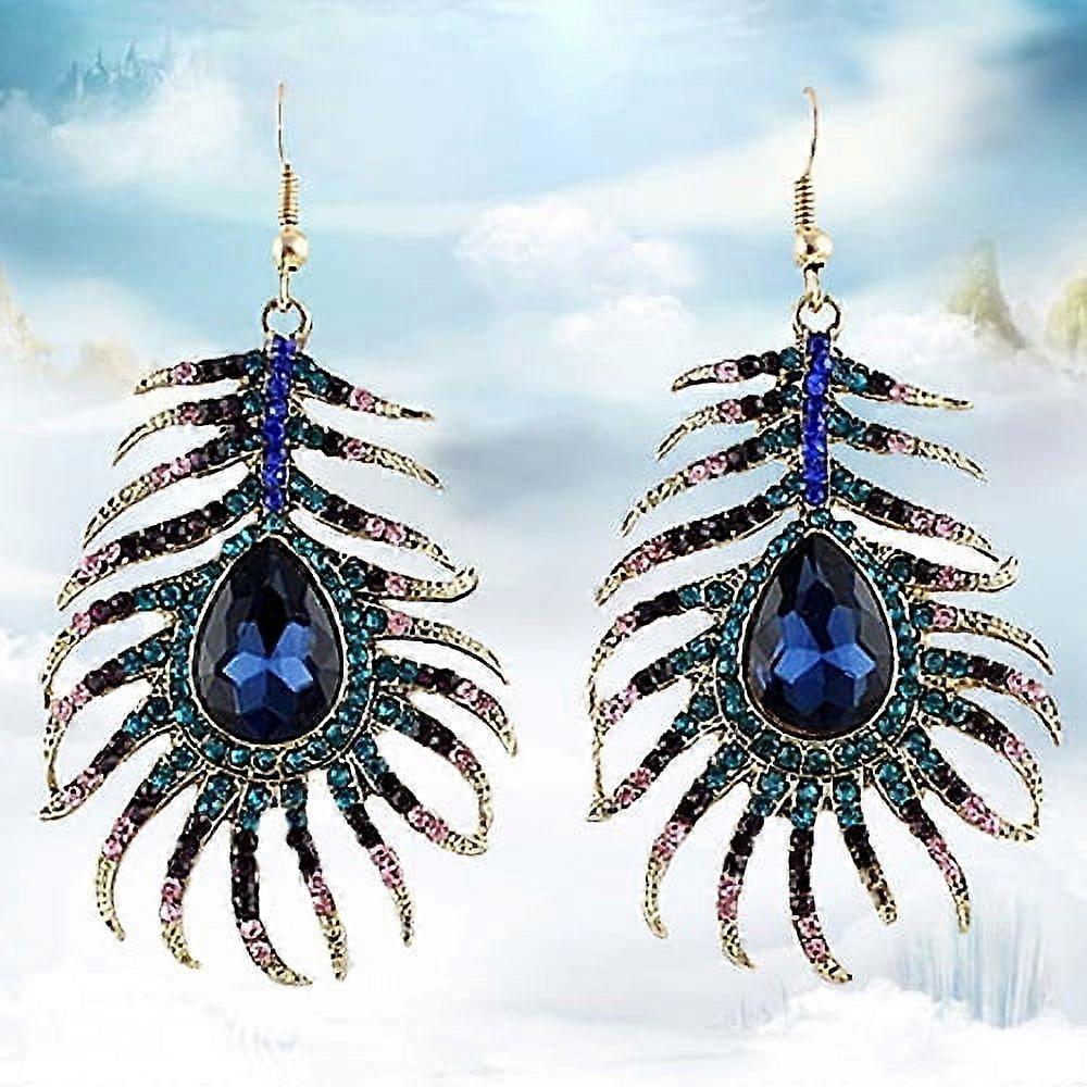 1Pair Women Retro Rhinestone Peacock Feather Shape Statement Hook Dangle