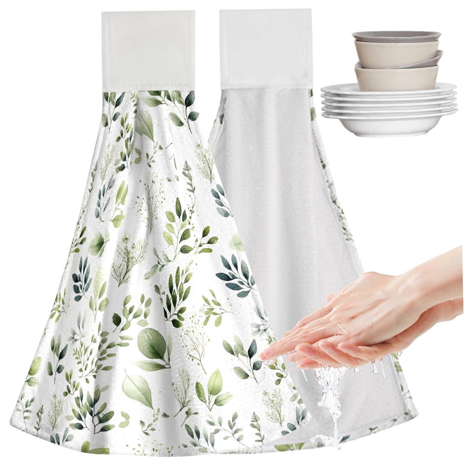 2PCS Kitchen Towels with Hanging Loop Leaf Pattern  Absorbency Hand Towels for Kitchen Bathroom