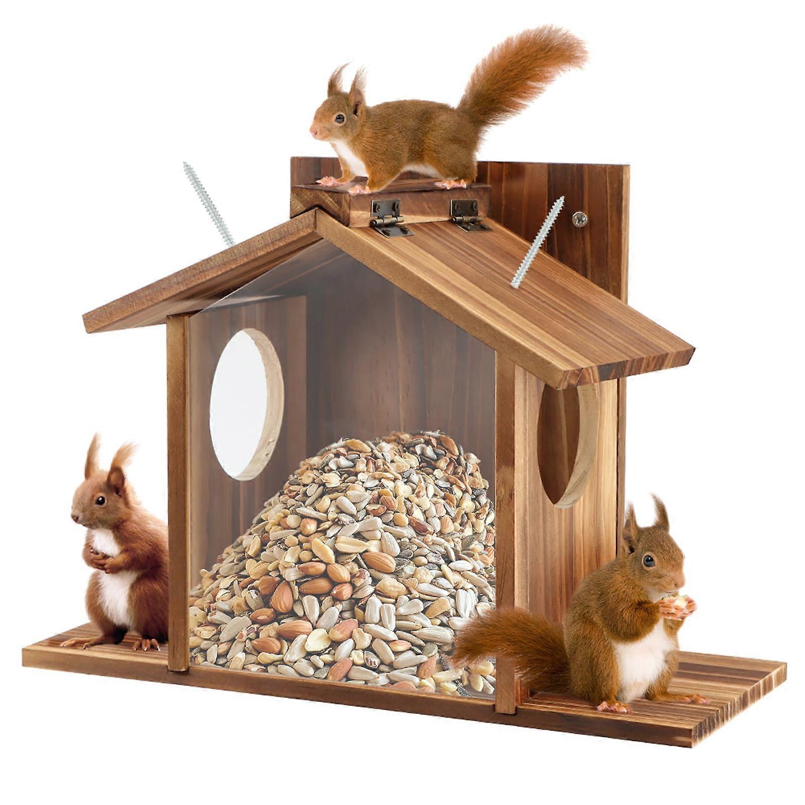 Wooden Squirrel Feeder with Clear Panel, Large Capacity Corn Cob Feeding Station for Backyard
