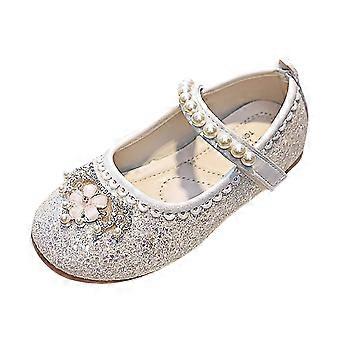 Meisjes glitter prinsessenjurkschoenen met strik, geschikt voor bruiloften, feestjes en als bloemen voor bruidsmeisjes, Mary Jane ballerina's voor kinderen en peuters, wit, maat 9,5-10 jaar