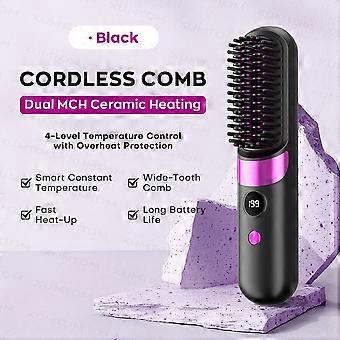 Cordless Hair Straightener Brush and Curling Iron, LED Display with 4-Level Temperature, Fast Heating USB Charging for Straight and Curly Hair Styling