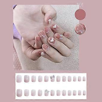 24pcs kurze rosa Presse auf Nägel Nette Schleife & Perle Design gefälschte Nägel Volle Abdeckung