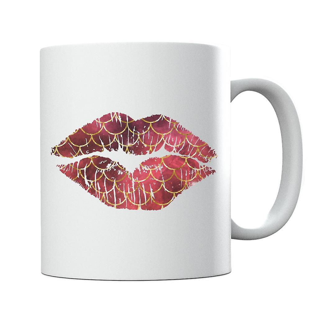 Deep Red And Gold Fishscale Pattern Lips Mug