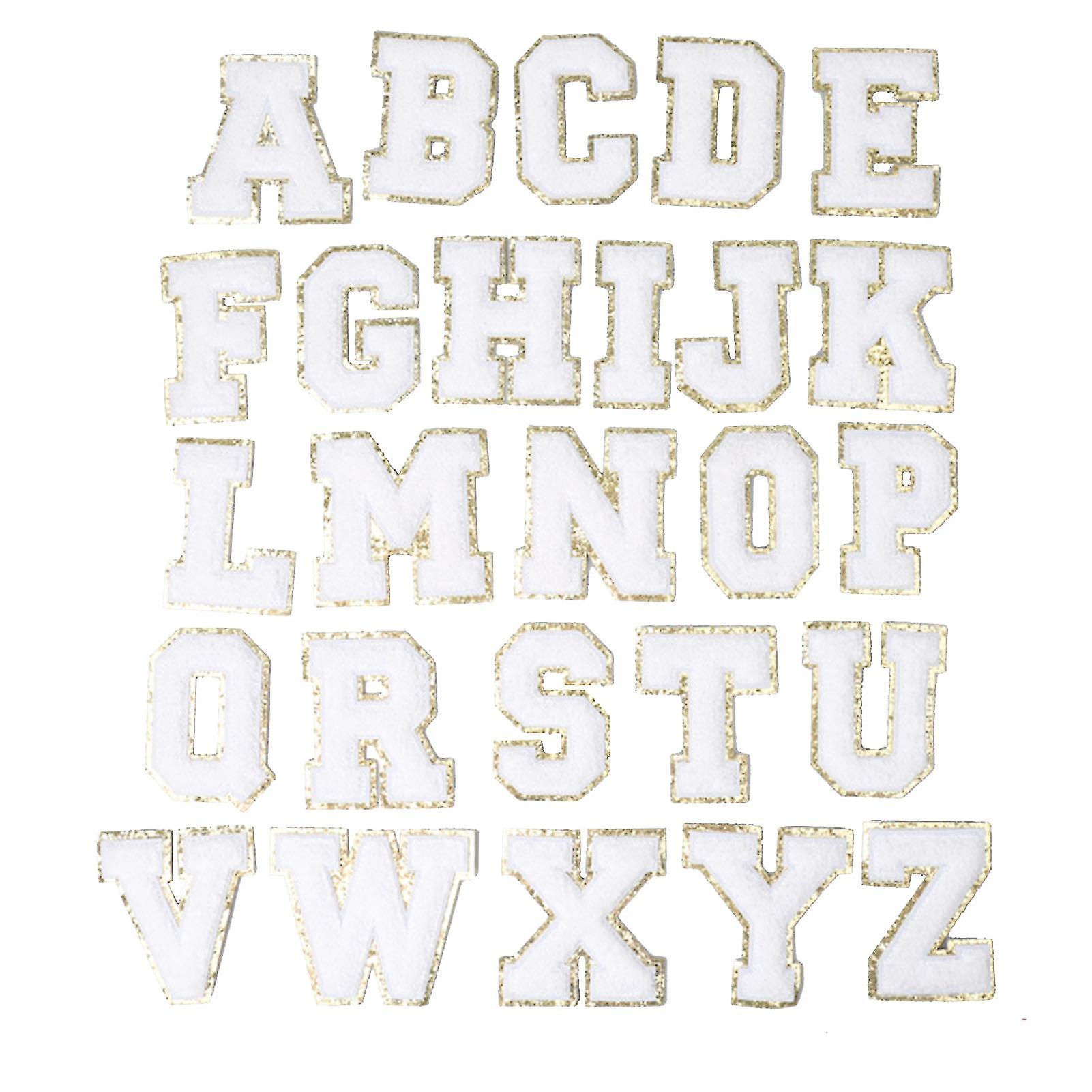 26pcs Self Adhesive Cloth Letter Patches Solid Color White Patches With Gold Edge For Women Men Clothing Diy