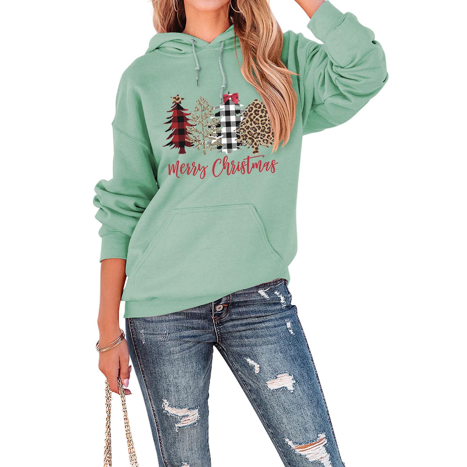 Christmas Hoodie Long Sleeves Tree Pattern Loose Type Comfortable Front Pocket Pullover White S
