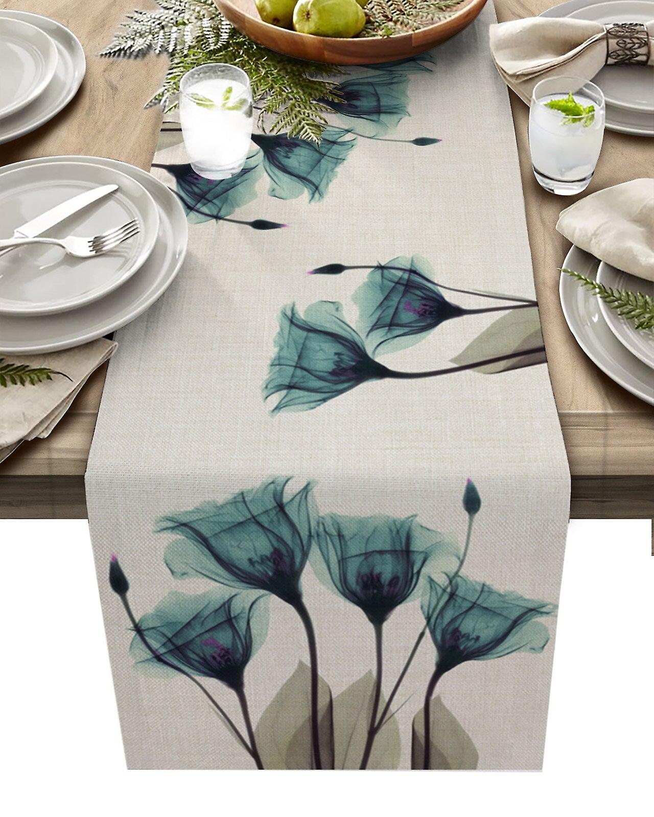 Blue Tulip Table Runner For Dining Table Kitchen Decor Anti-stain Dining Table Tablecloth Rectangular Dining Table Runner