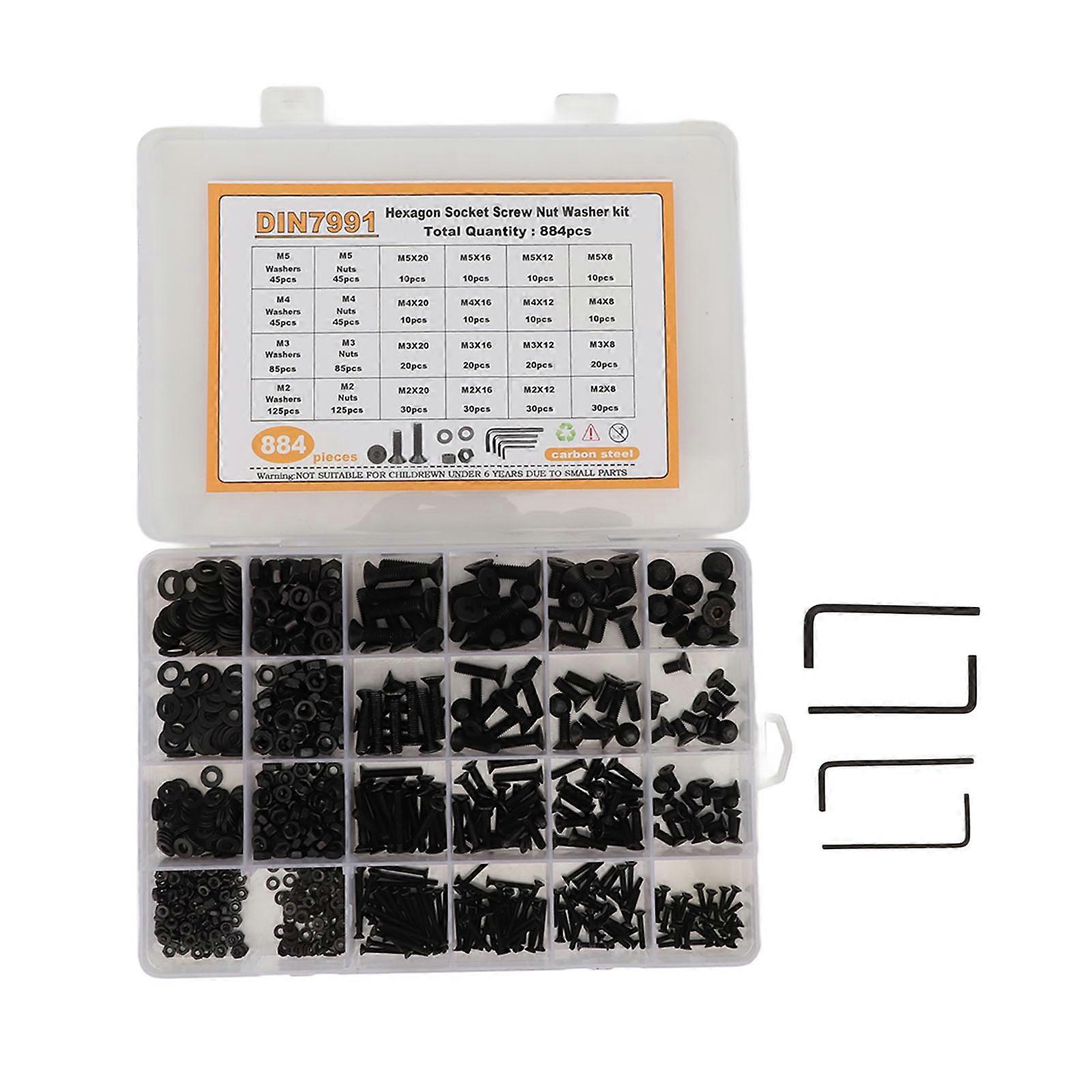 884PCS M2 M3 M4 M5 Carbon Steel Hex Socket Screw Nut Washer Kit with Storage Box Black