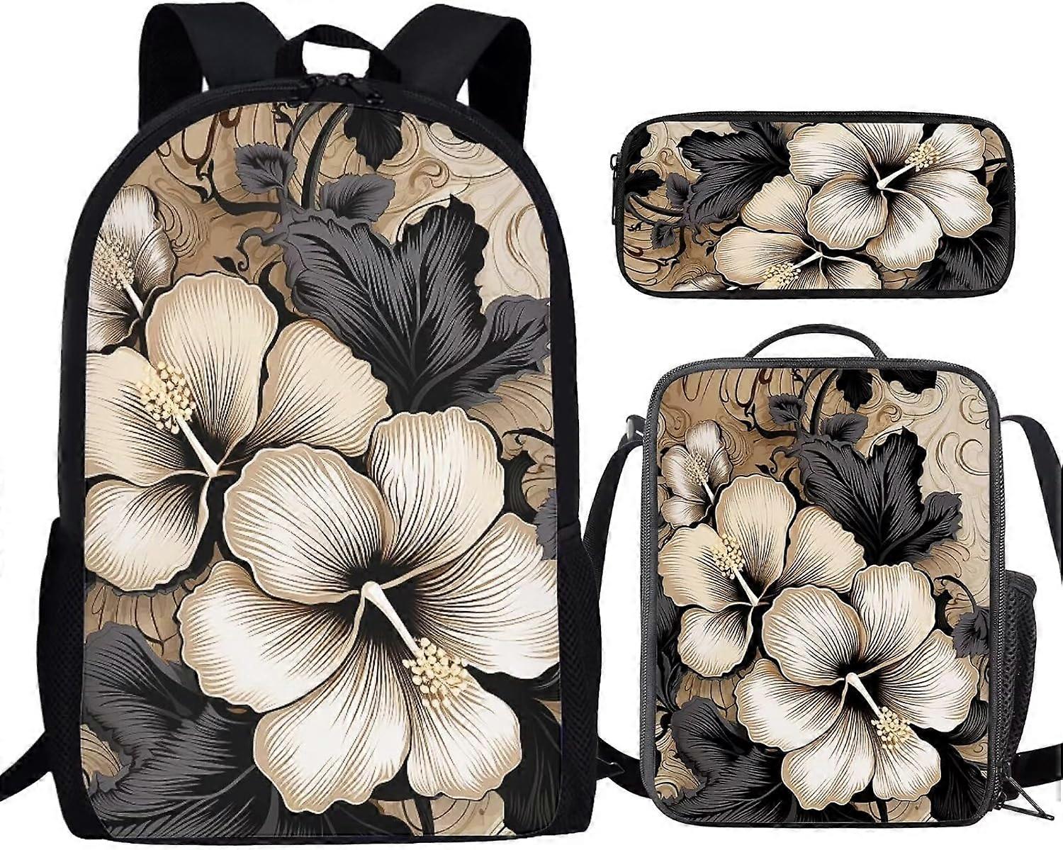 Gold Black Hibiscus Floral Flower School Bags Set 3 In 1, Laptop Backpack Daypack Knapsack Ruckpack Insulated Lunch Bag Pen Case