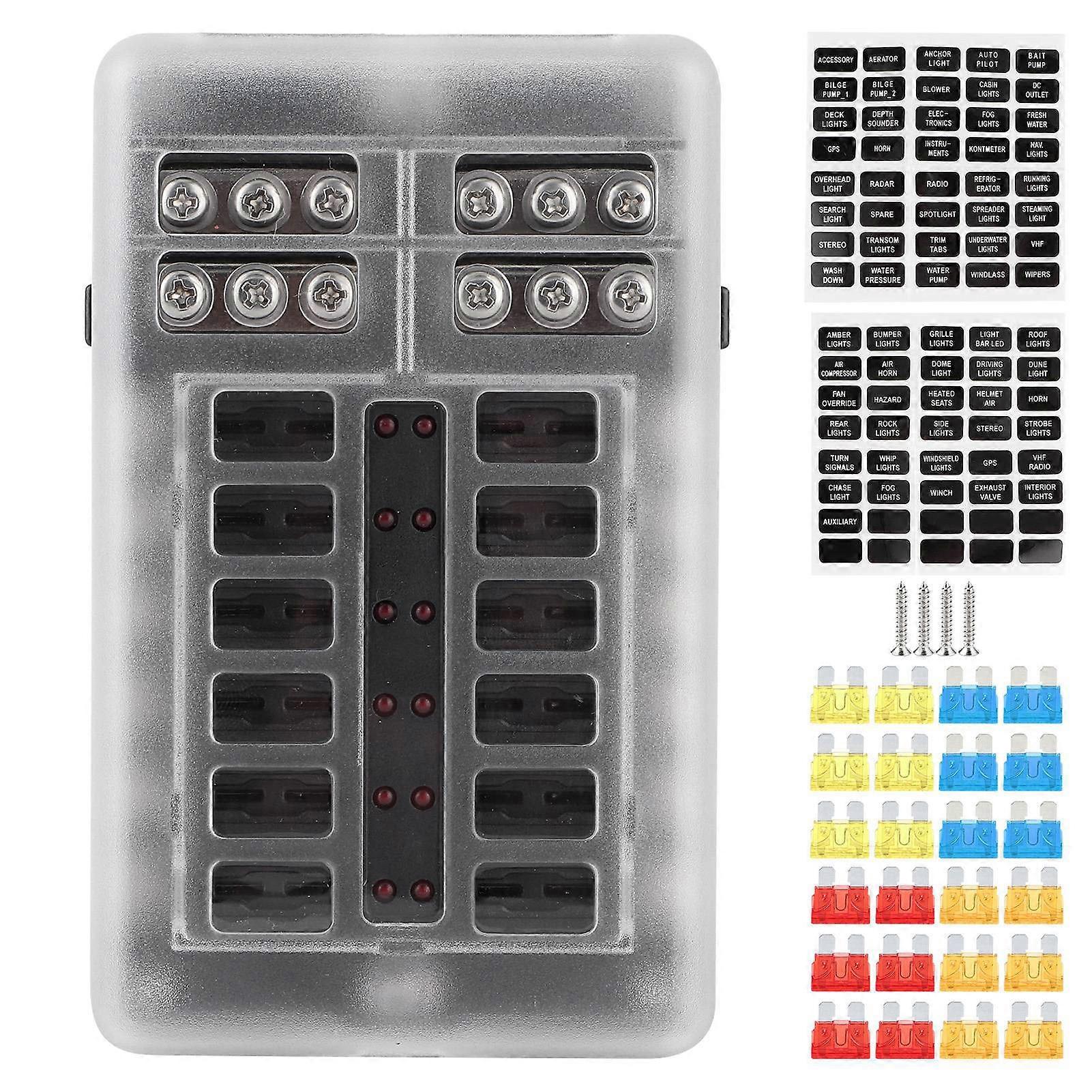 12 Circuits Fuse Box Block Holder LED Indicator Light MNI Motor for Car Yacht Marine Boat