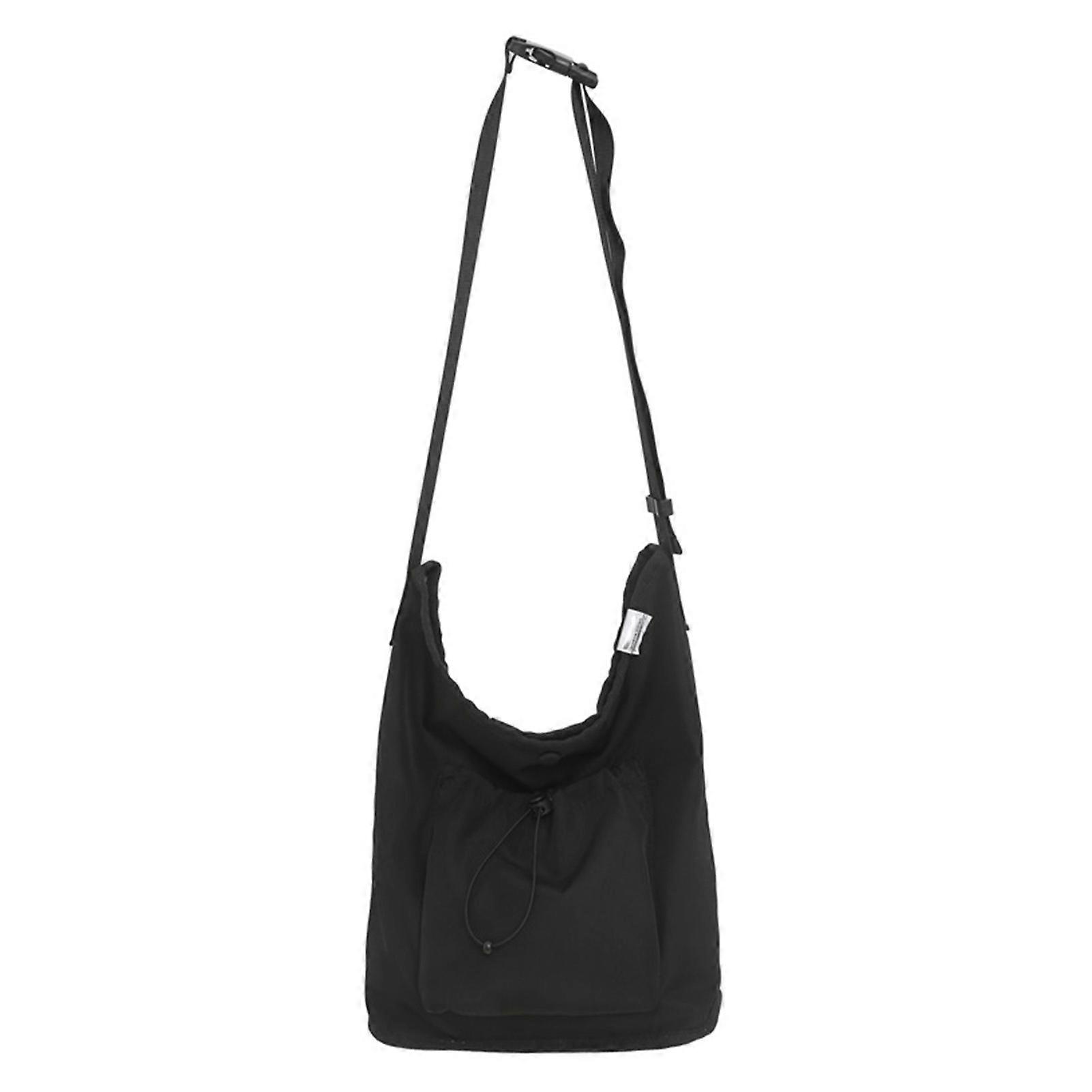 Single Shoulder Bag Large Capacity Button Drawstring Closure Nylon Shoulder Messenger Bag Black Free Size