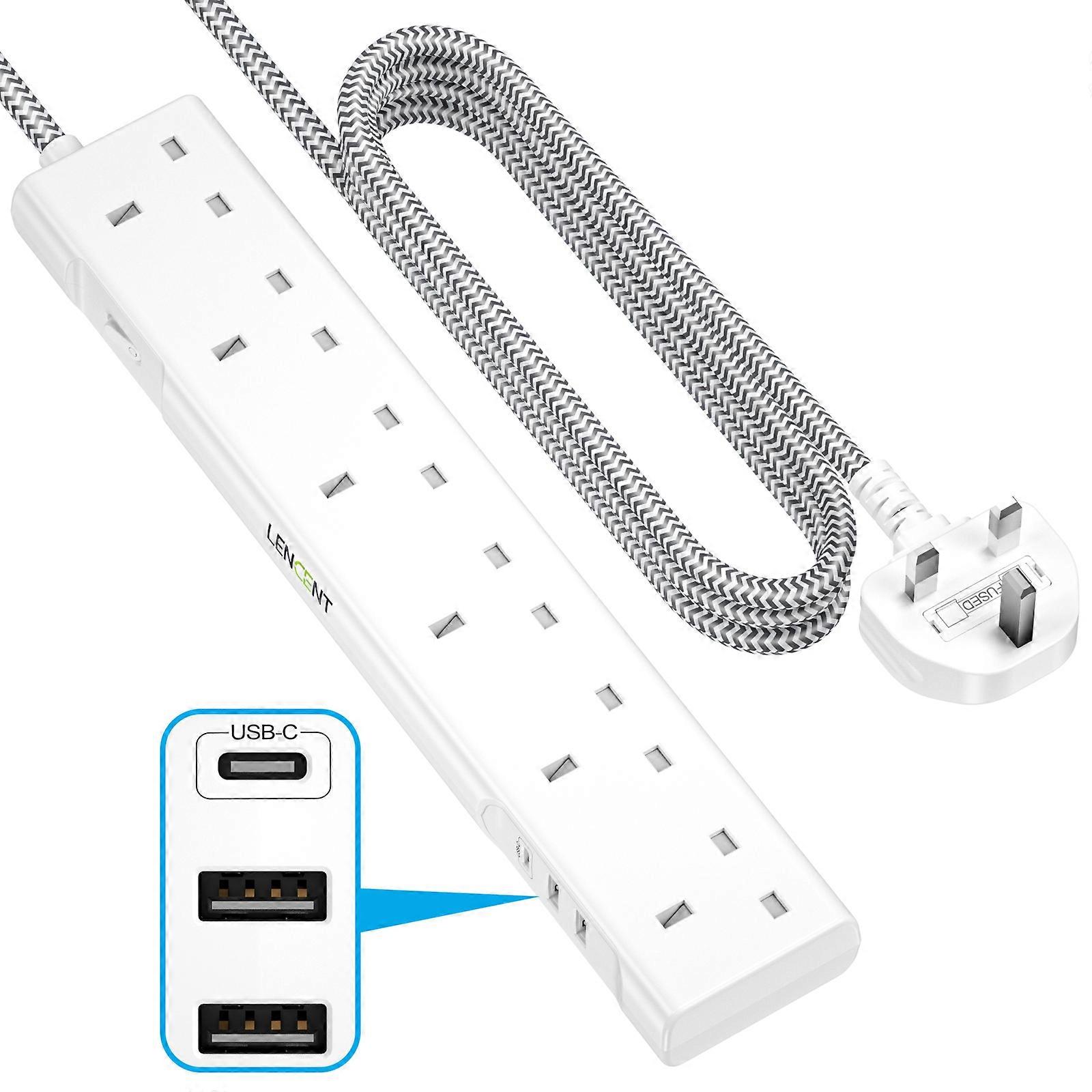 LENCENT Power Strip Power Strip with 6 AC Outlets, 2 USB, 1 Type C, 1.8m Braided Extension, Home Office