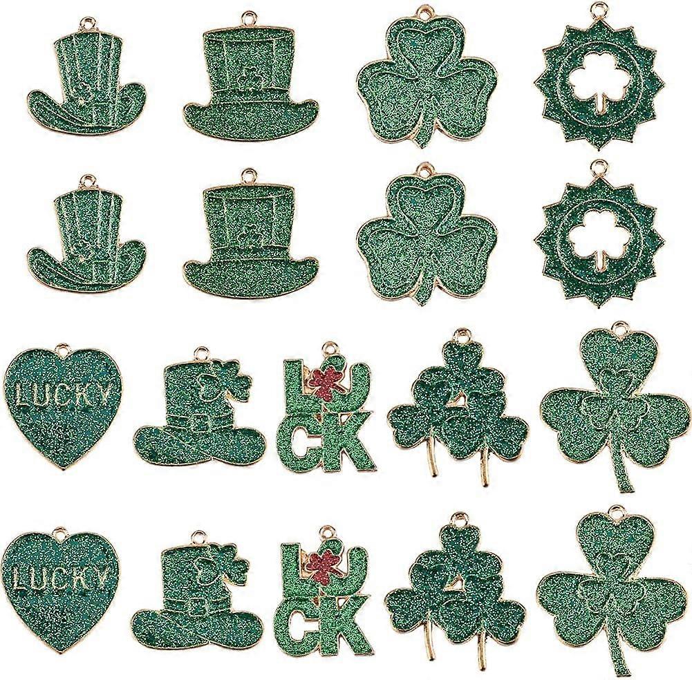 1Box 18Pcs St Patrick Day Charms Green Enamel Glitter Irish Shamrock Charm Three Leaf Clover Charm St Patrick's Hat Charm