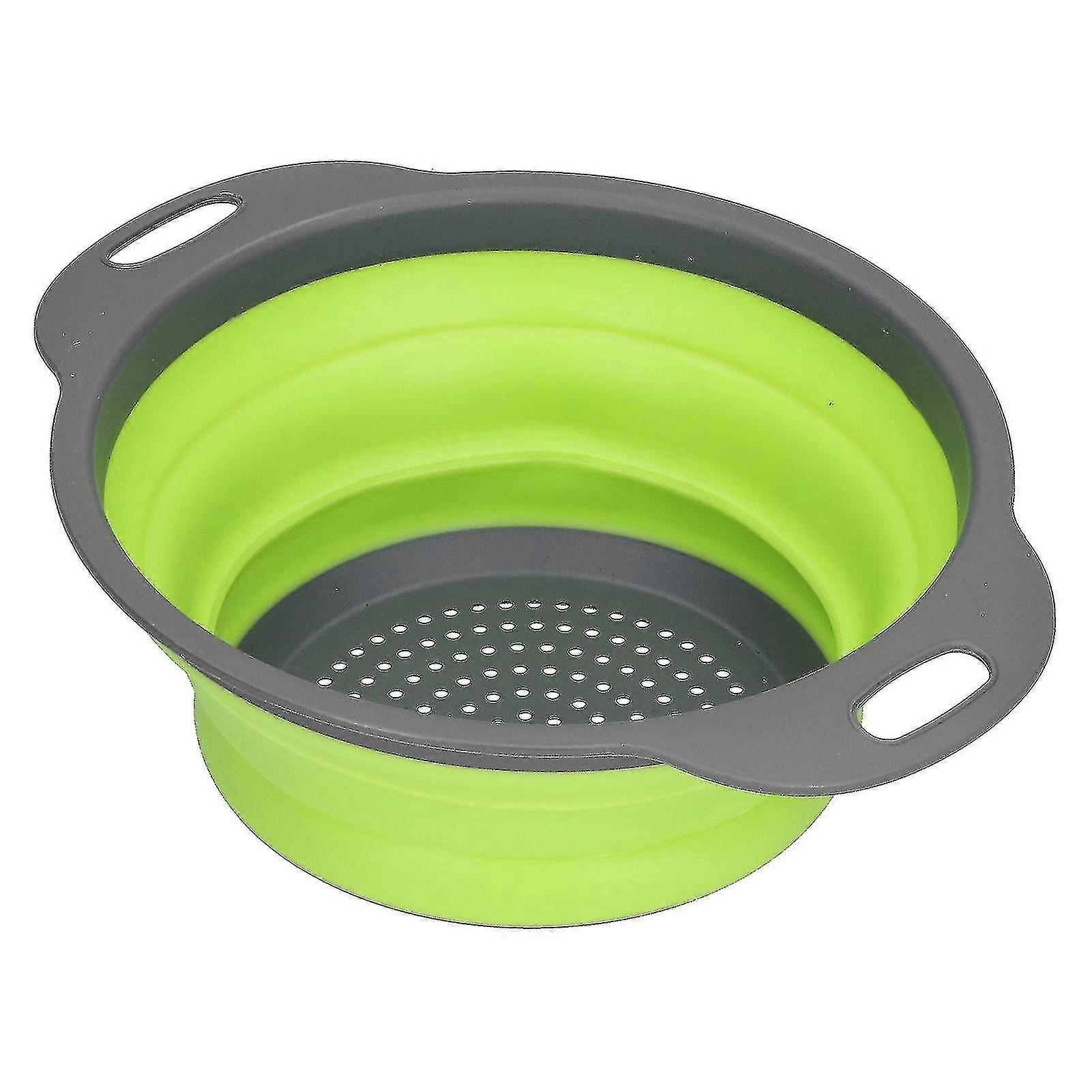 Silicone Round Folding Fruit Drain Vegetable Washing Basket with Handle - Green Small