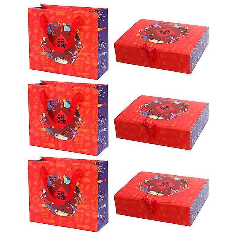 6pcs chinese new year gift box packaging case gifts tote bag paper container storage pouch party supplies small size(blessing tote bag and gifts box)