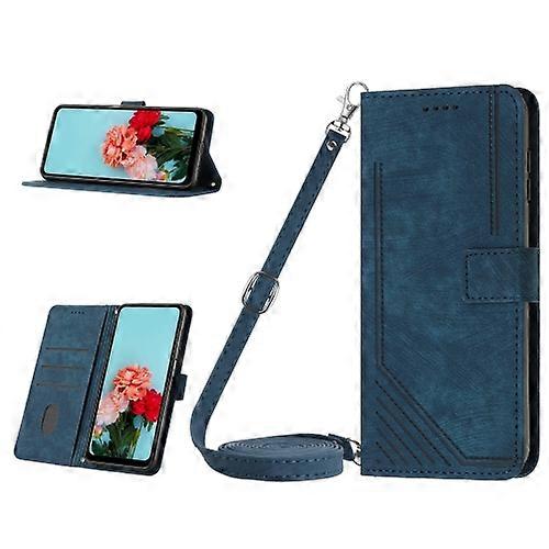For iPhone 15 Skin Feel Stripe Pattern Leather Phone Case with Lanyard
