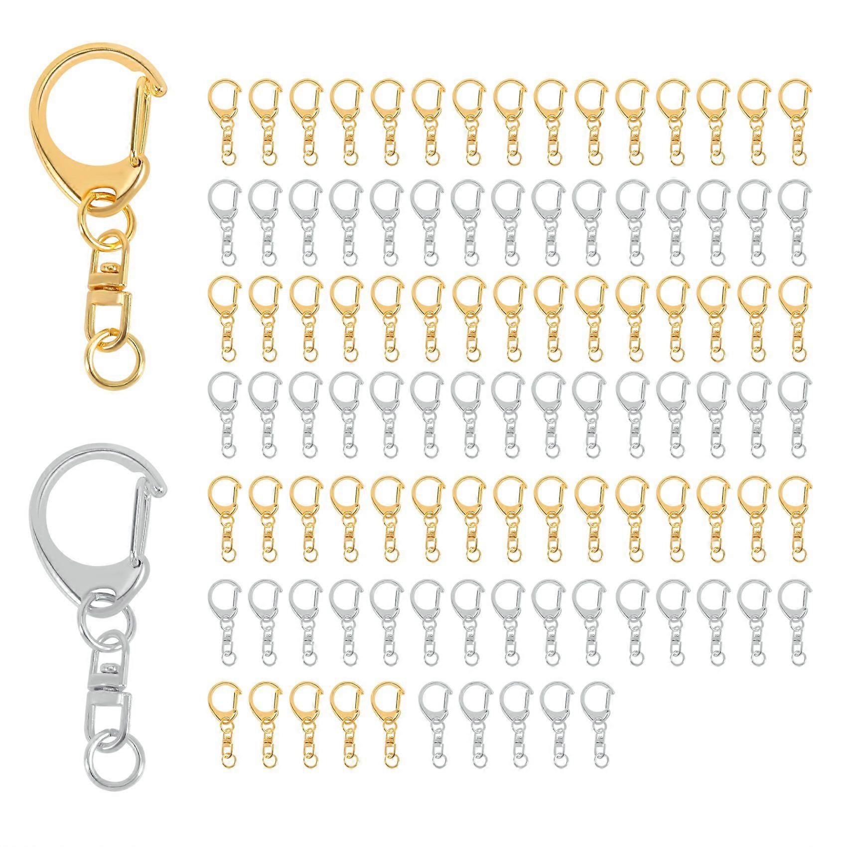 100 Piece D Hook Keychain Hardware with Jump Rings, Metal Split Key Ring Clips with Chain for Craft