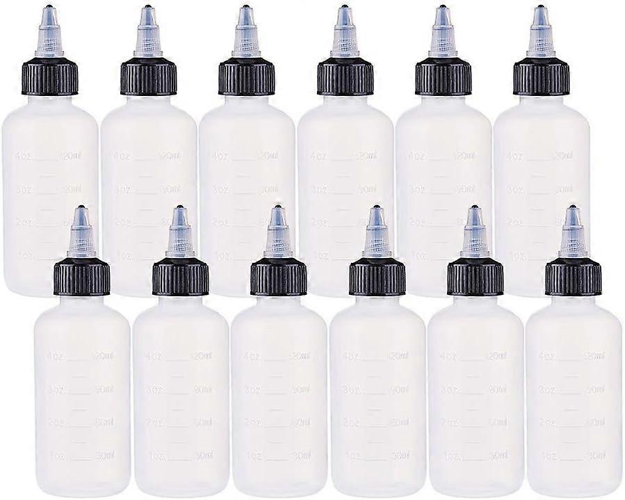 12 Pack 4 Ounce Plastic Squeeze Dispensing Bottles with Black Twist Cap and Measurement Open/Close Nozzle - Good for Crafts Art Glue Multi Purpose