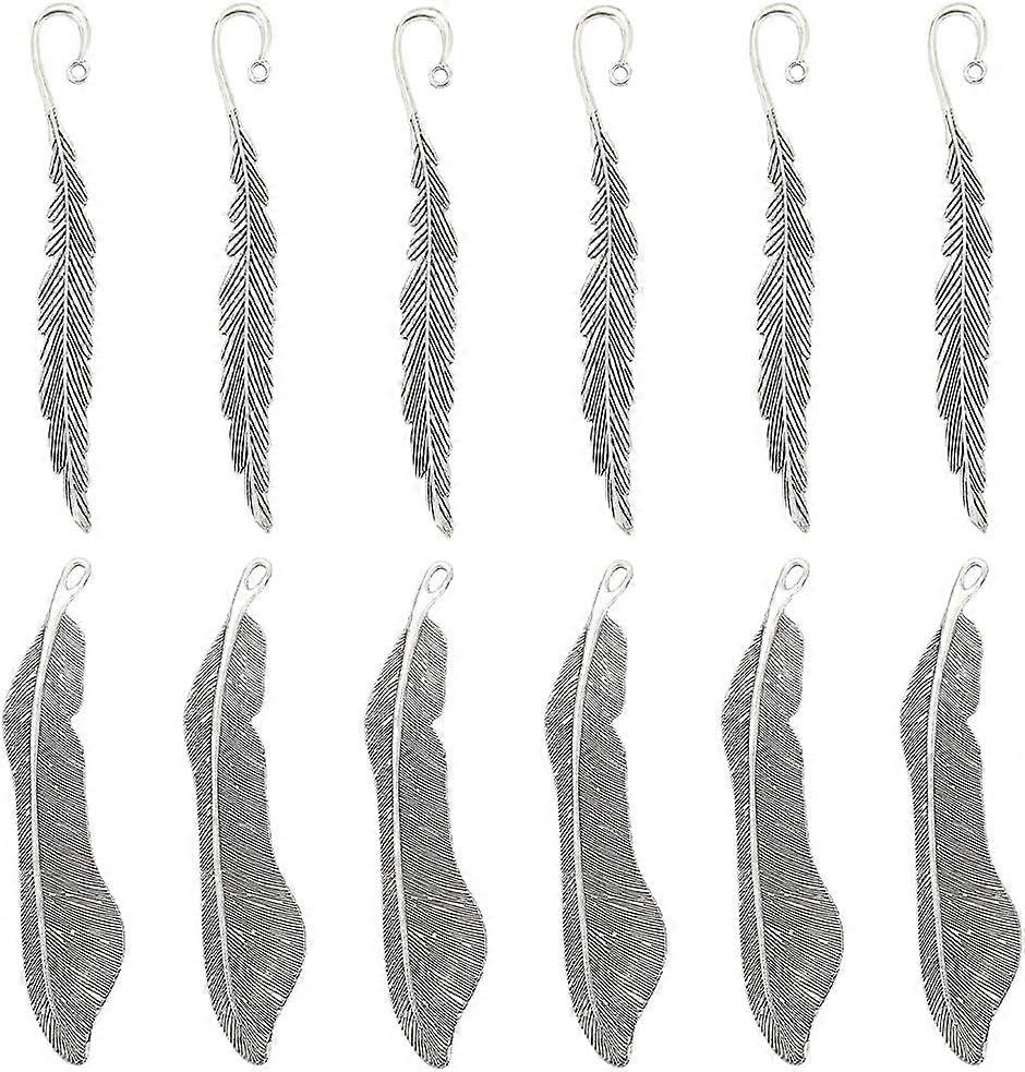 12Pcs Hook Bookmarks Feather Bookmarks with Hanging Loops Vintage Style Antique Silver Alloy Bookmarks Metal Book Mark Blanks for Beading Bookmarks DI