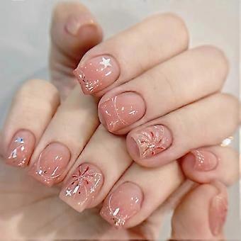 False Nails Short, French Stick on Nails, 24pcs Square Nude Press On Nails with Glue Sparks Fly Design Elegant Sweet Fake Nails for Women Girls (Firew