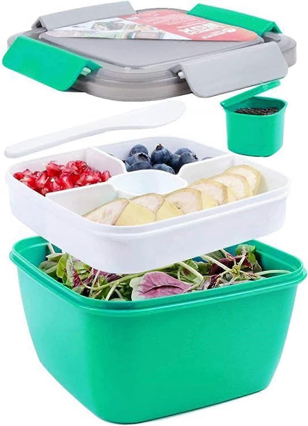 52 OZ to Go Salad Container Lunch Container, BPA-Free, 3-Compartment Salad Bowl with Dressing Container, Built-in Reusable Spoon Green