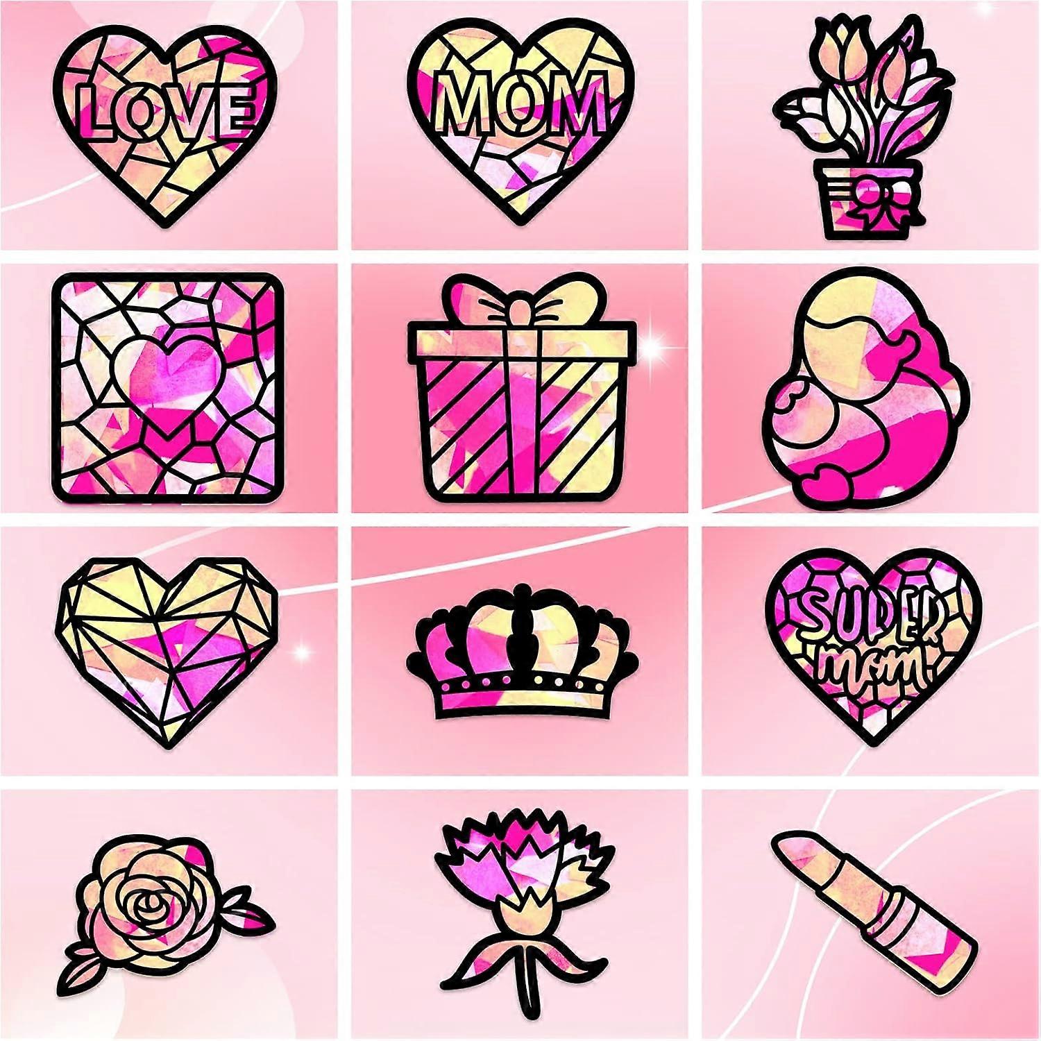 24 Pcs Mother's Day Stained Glass Effect Paper Suncatchers Window Clings with Colored Papers DIY Window Decals Window Paint Art Stickers for DIY Craft
