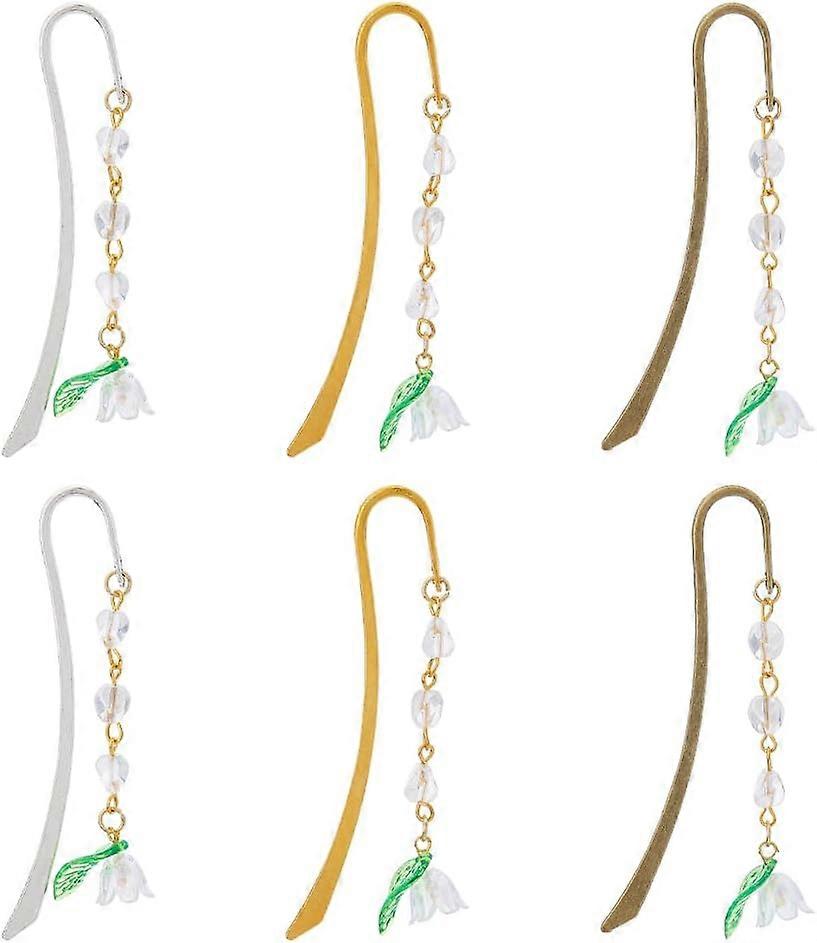6Pcs 3 Colors Flower Bookmark Alloy Hook Bookmarks Spring Bookmarks Vintage Gold Silver Book Marks with Leaf and Lily of The Valley Pendant for Gradua