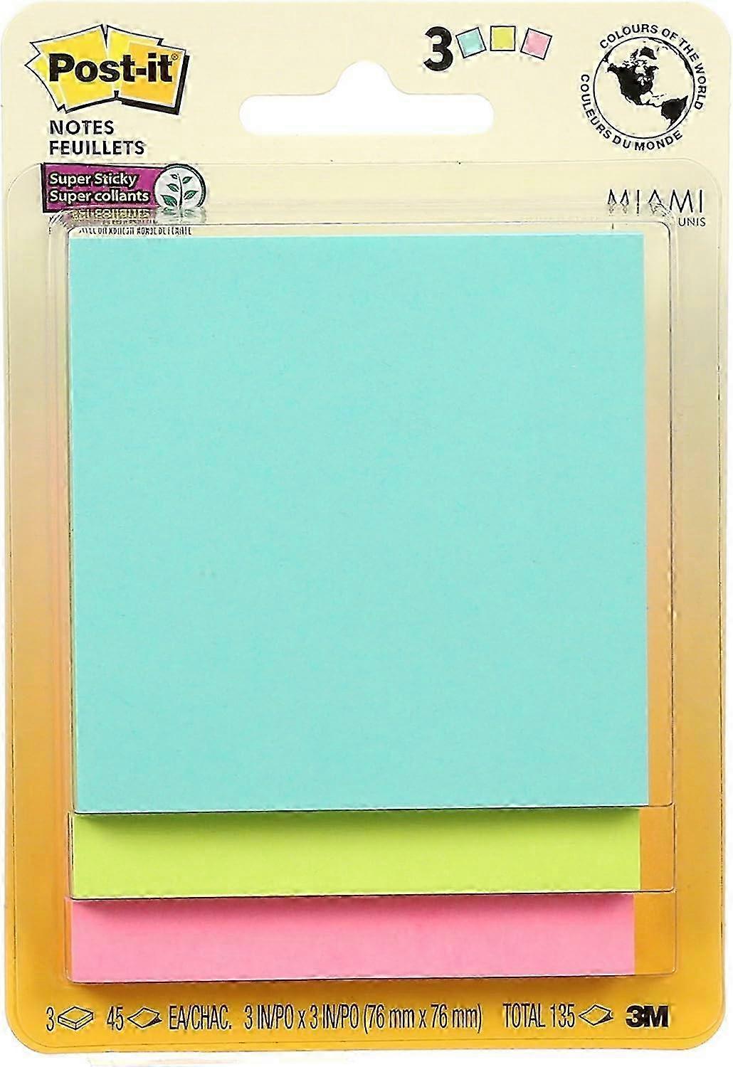 Post it Notes Super Sticky Notes, 3 "3", 3 Pads, 45 vellen/Pad, Miami kleuren