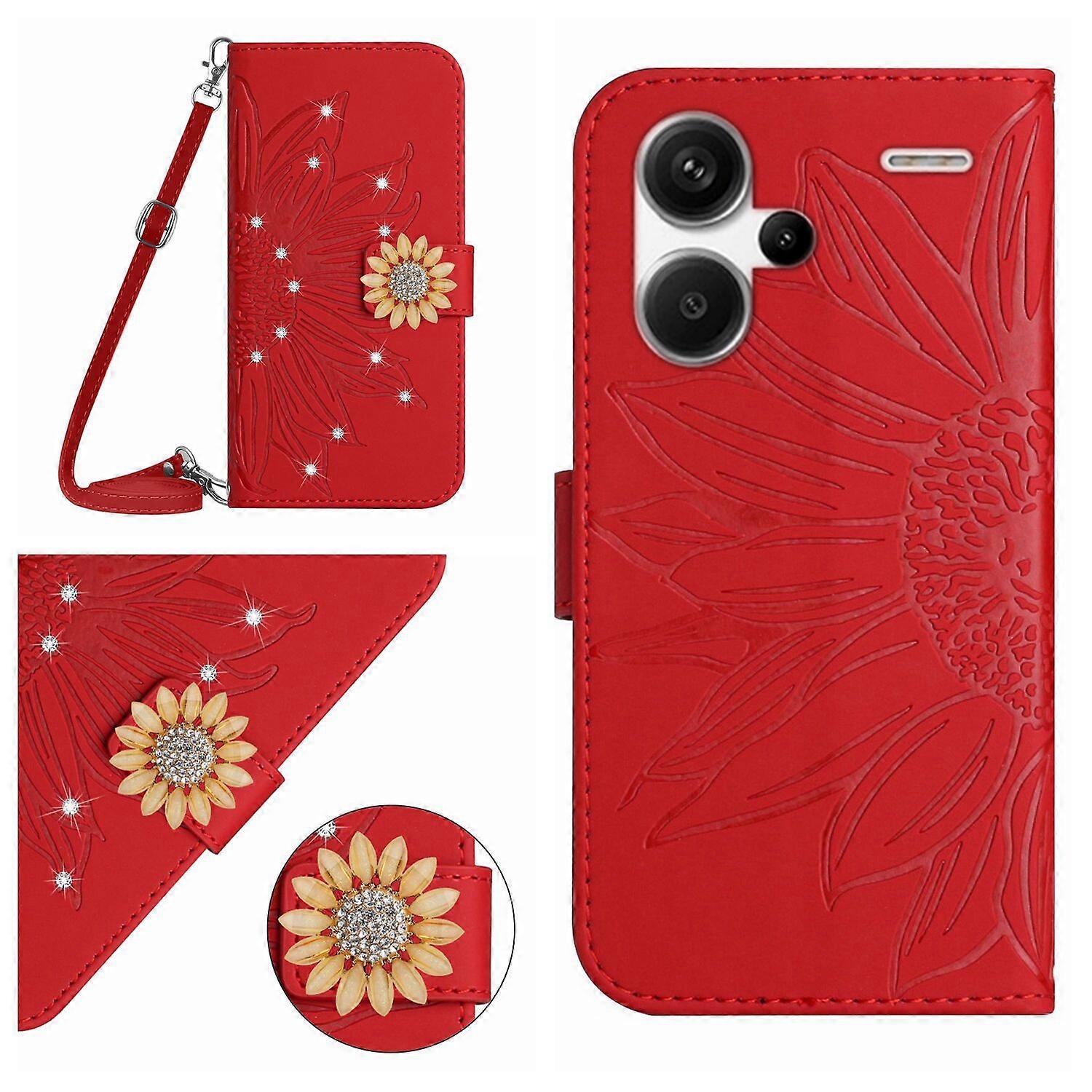 Compatible With Xiaomi Redmi Note 13 Pro Plus Embossed Sunflower with Diamonds Magnetic Card Holder Wallet Phone Case with Shoulder Strap