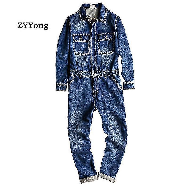 رجالي الدنيم جمبسوت طويل الأكمام طية صدر السترة وزرة جينز أزرق الورك H