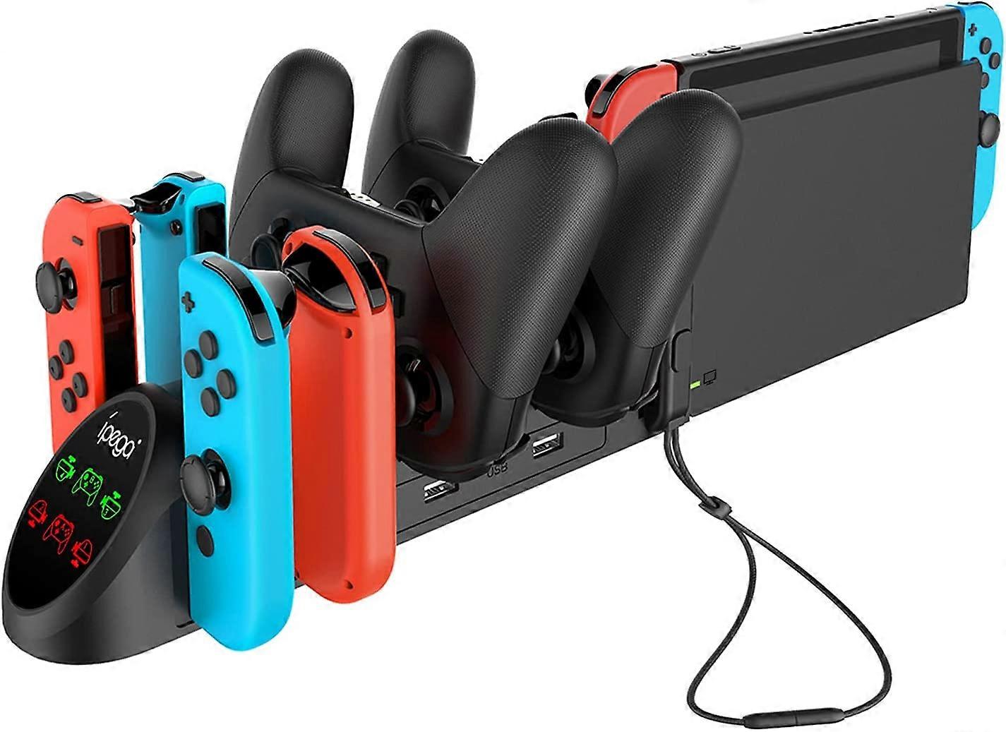 6 in 1 LED Charger Dock Compatible with Joy Cons and Controller for Switch & OLED Model, Controller Charging Station with USB 2.0 Plug and USB 2.0 Por
