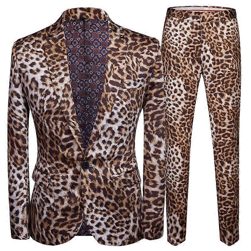Mens Casual Leopard Pattern Blazers Pants 2 Piece Suit Set