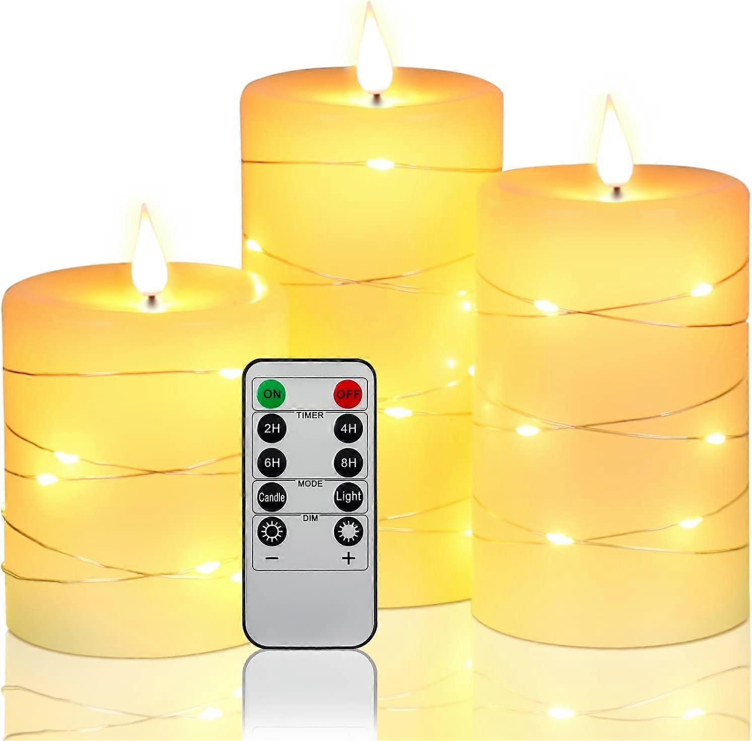 LED candle integrated light string, 3 LED candles, 10 key remote control, 24-hour timer function, dance flame, real wax, battery powered.