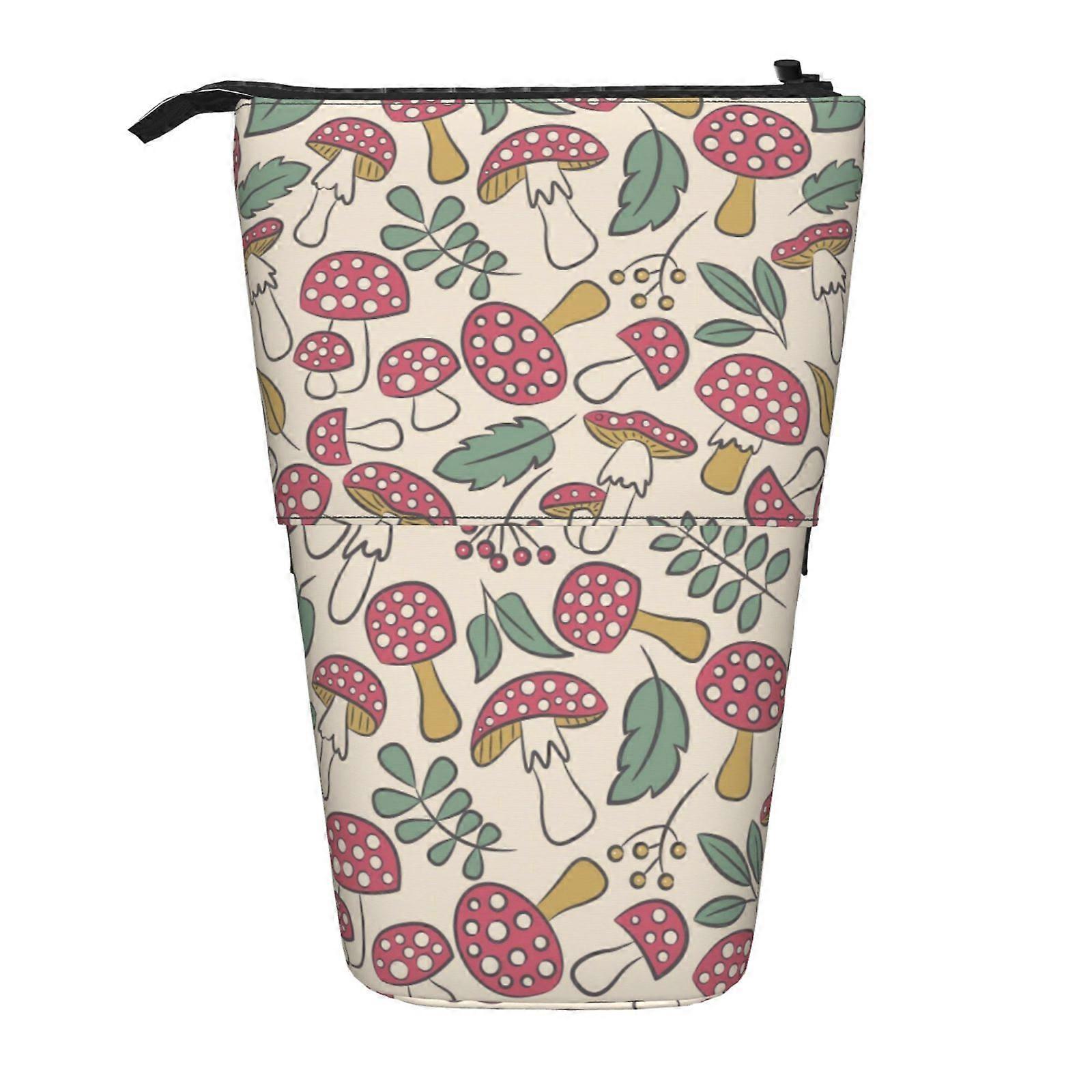 لطيف الفطر وأوراق نمط مقلمة الوقوف حقيبة قلم رصاص تلسكوبي مقلمة مع سحاب أكياس ماكياج محمولة