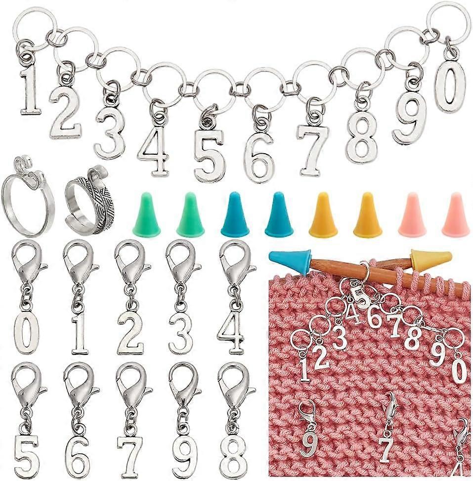10 Pcs Number 0-9 Stitch Markers 20 Pcs Cone Knitting Needle Stoppers 2 Pcs Yarn Guide Finger Holders with Knitting Row Counter Chain for Knitting Cro