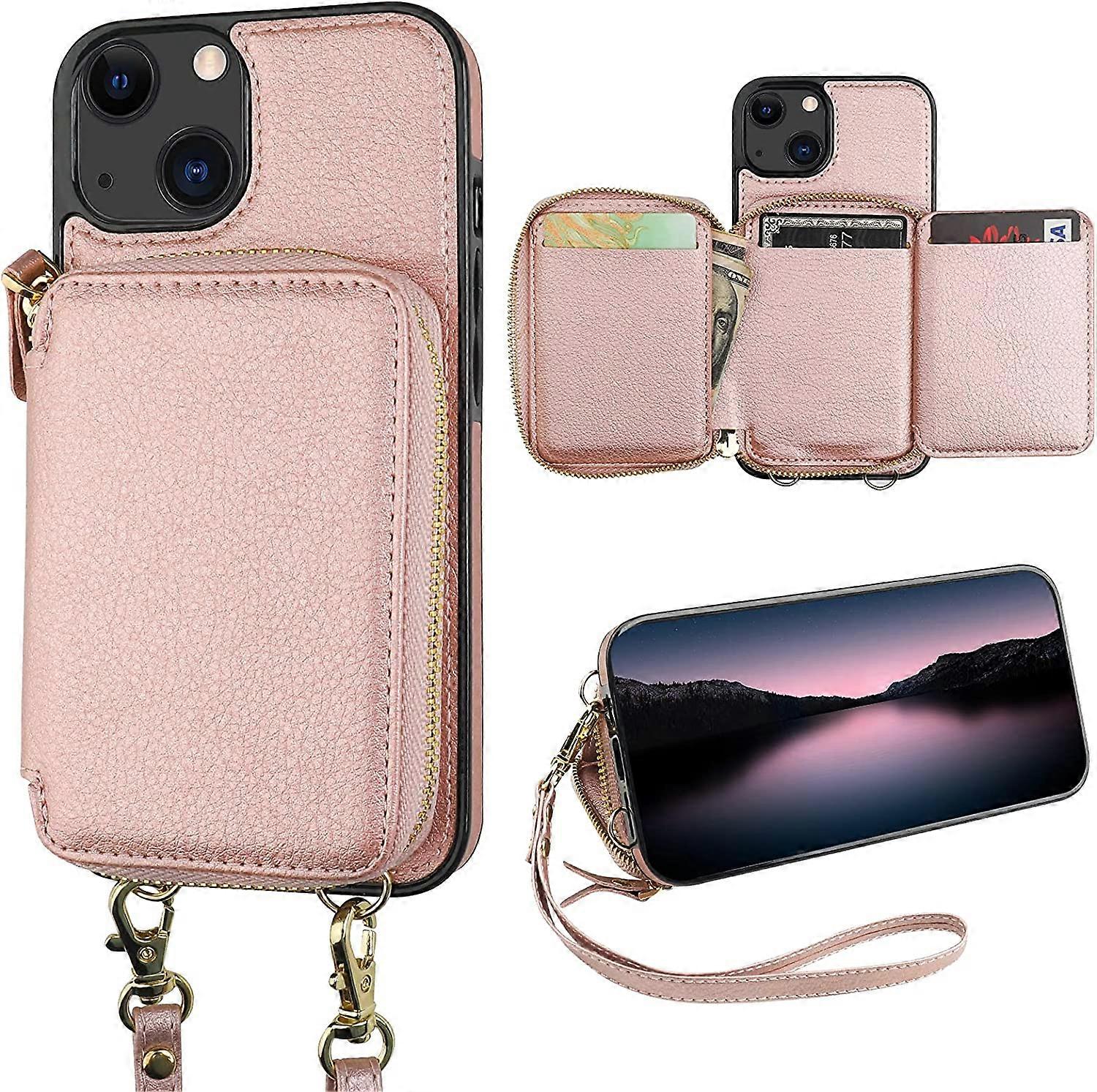RFID Blocking Wallet Case for iPhone 13, Adjustable Crossbody Zipper Purse Case Card Holder with Kickstand Detachable Wrist Strap, PU Leather Flip Fol